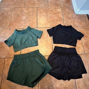 Green and Black Athletic Crop Top and Shorts Set